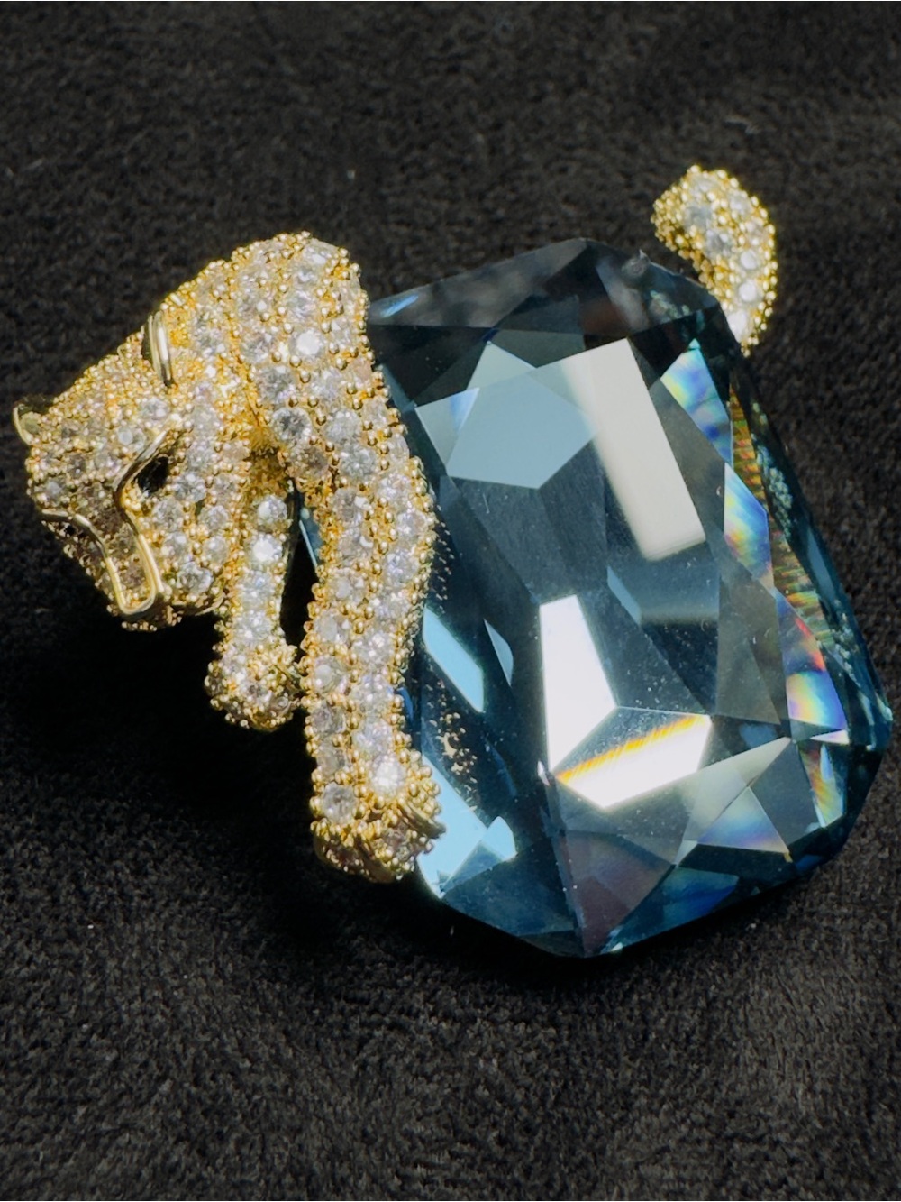 Gold-Tone Panther Crystal Brooch with Deep Teal Stone - Picture 7 of 10